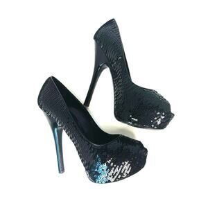 Louis Vuitton Black Leather Sequin Platform Peep Toe Pumps Heels EU 35.5